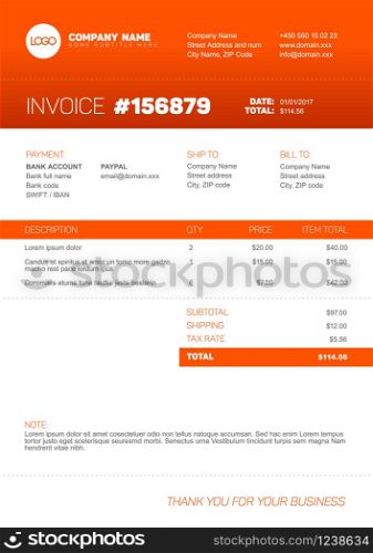 Vector minimalist invoice template design for your business / company - orange version. Orange invoice template