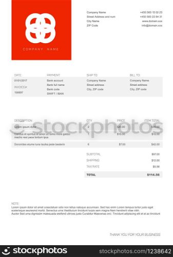 Vector minimalist invoice template design for your business / company - red version. Minimalist invoice template with big logo
