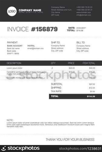 Vector minimalist invoice template design for your business / company - simple black and white version. Invoice template - black and white version
