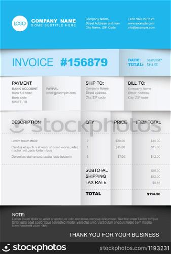Vector minimalist invoice template design for your business / company - white with blue accent paper folded version