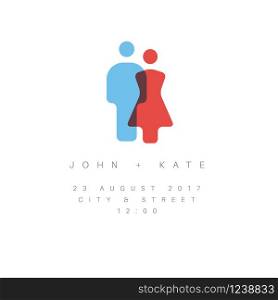 Vector Minimalist Wedding invitation with man and woman silhouette icon and short sample text - simple version. Vector Minimalist Wedding invitation
