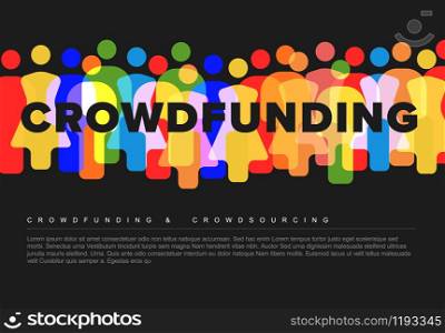 Vector minimalistic crowdsourcing / crowdfunding concept made from people icons - dark version