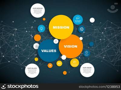 Vector Mission, vision and values diagram schema infographic with network in the background - dark version. Vector Mission, vision and values diagram schema