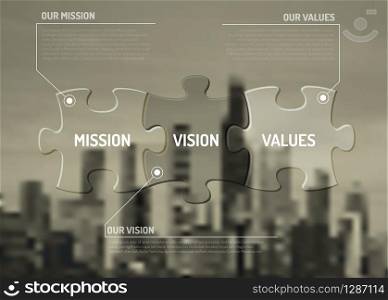 Vector Mission, vision and values diagram schema made from puzzle pieces on the city background