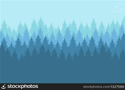 Vector misty forest landscape with detailed blue silhouettes of coniferous trees - seamless pattern
