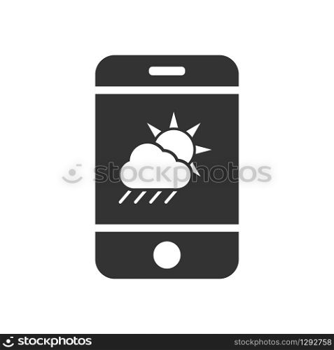 Vector mobile phone icon with partly cloudy icon with rain. Simple flat design for apps and web sites