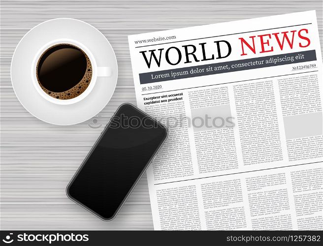 Vector mock up of a blank daily newspaper, Coffee and smartphone. Fully editable whole newspaper in clipping mask. Vector stock illustration. Vector mock up of a blank daily newspaper, Coffee and smartphone. Fully editable whole newspaper in clipping mask. Vector stock illustration.
