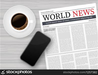 Vector mock up of a blank daily newspaper, Coffee and smartphone. Fully editable whole newspaper in clipping mask. Vector stock illustration. Vector mock up of a blank daily newspaper, Coffee and smartphone. Fully editable whole newspaper in clipping mask. Vector stock illustration.