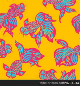 Vector Modern Chinese Traditional Paper Cutting Seamless Pattern. Goldfish in Lotus Pond. 