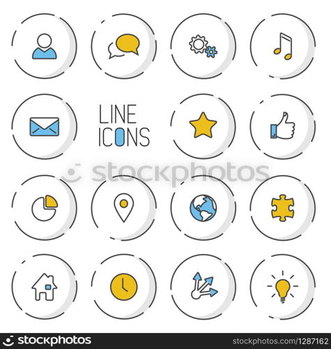 Vector Modern circle thin line icon collection - dual color (blue and yellow), light shadow