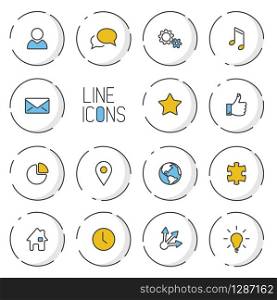 Vector Modern circle thin line icon collection - dual color (blue and yellow), light shadow