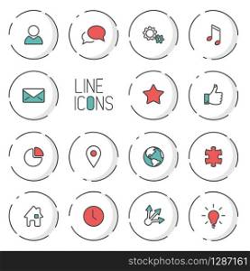 Vector Modern circle thin line icon collection - dual color (red and teal), light shadow