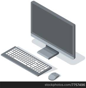 Vector modern desktop computer with blank gray widescreen monitor, wireless keyboard and mouse isolated on white background. Modern digital device electronic means of communications, computing machine. Vector modern desktop computer with blank gray widescreen monitor, wireless keyboard and mouse