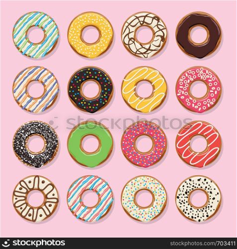 vector modern flat style icons of glazed colorful donuts with chocolate and sprinkles, isolated doughnuts on pink background