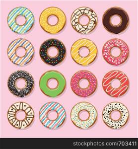 vector modern flat style icons of glazed colorful donuts with chocolate and sprinkles, isolated doughnuts on pink background