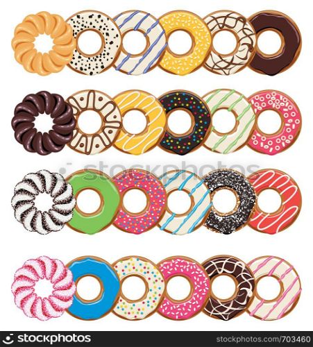 vector modern flat style icons of glazed colorful donuts with chocolate and sprinkles, french cruller donut, isolated rows of doughnuts on white background