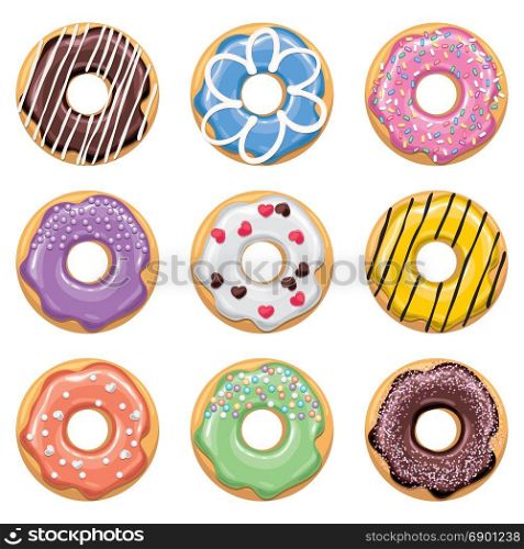 vector modern flat style icons of glazed colorful donuts with glaze, chocolate and sprinkles, isolated doughnuts on white background. donut icon design, glazed doughnut top view. eps10 illustration