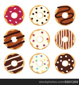 vector modern flat style icons of glazed colorful donuts with glaze, chocolate and sprinkles, isolated doughnuts on white background. simple donut icon design, glazed doughnut top view