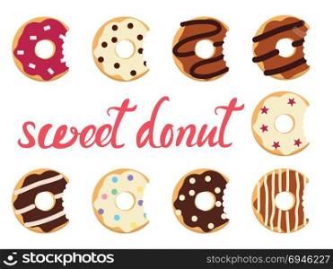 vector modern flat style icons of glazed colorful donuts with glaze, chocolate and sprinkles, isolated doughnuts with bite on white background. simple icon design, sweet donut handwritten text