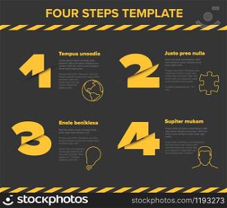 Vector modern four steps progress template with descriptions and icons - dark version with yellow cropped numbers