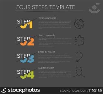 Vector modern four steps progress template with descriptions and icons - dark version with colorful numbers