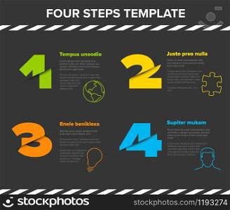 Vector modern four steps progress template with descriptions and icons - dark version with cropped numbers