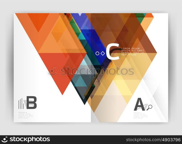 Vector modern geometric annual report cover. Modern business brochure or leaflet A4 cover template. Abstract background with color triangles, annual report print backdrop. Vector design for workflow layout, diagram, number options or web design