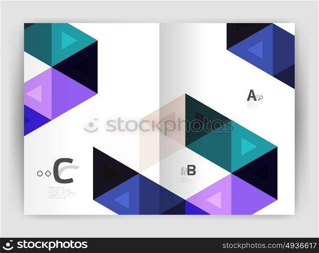 Vector modern geometric annual report cover. Vector modern geometric annual report cover. Modern business brochure or leaflet A4 cover template. Abstract background with color triangles, annual report print backdrop. Vector design for workflow layout, diagram, number options or web design