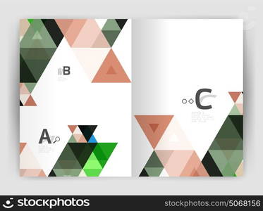 Vector modern geometric annual report cover. Vector modern geometric annual report cover. Modern business brochure or leaflet A4 cover template. Abstract background with color triangles, annual report print backdrop. Vector design for workflow layout, diagram, number options or web design