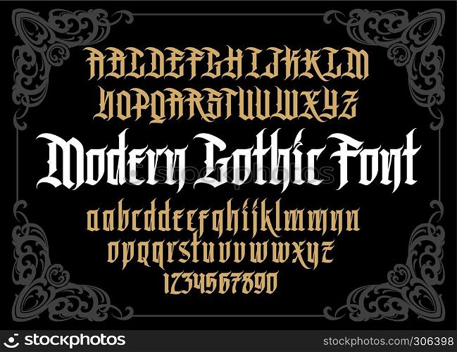 Vector modern gothic alphabet in frame. Vintage font. Typography for labels, headlines, posters