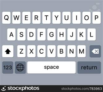 Vector modern keyboard of smartphone, alphabet buttons. Vector stock illustration.