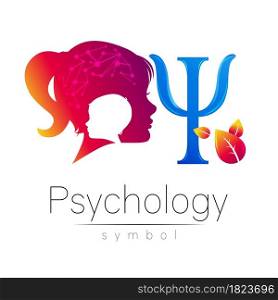 Vector Modern logo Kid Girl head and letter Psi. Logotype sign of Psychology with leaves. Profile Human. Violet Pink color isolated on white. Creative style symbol.. Vector Modern logo Kid Girl head and letter Psi. Logotype sign of Psychology with leaves. Profile Human. Violet Pink color isolated on white. Creative style symbol