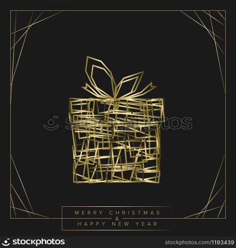 Vector modern trendy christmas card with abstract golden geometry christmas gift on a dark background