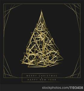 Vector modern trendy christmas card with abstract golden geometry christmas tree on a dark background. Modern trendy christmas card
