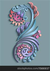 Vector modern volumetric floral elements. Trendy craft style illustration. 3d effect imitation. Vector modern volumetric floral elements