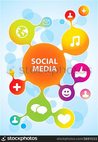 vector molecule structure in rainbow colors with social media icons