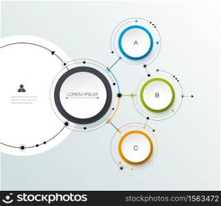 Vector molecule with 3D paper label, integrated circles background. Blank space for content, business, infographic, diagram, digital network, flowchart. Social network connection technology concept