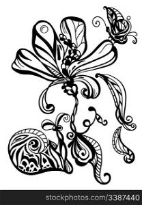 vector monochrome abstract hand drawn flower, snail, and butterfly
