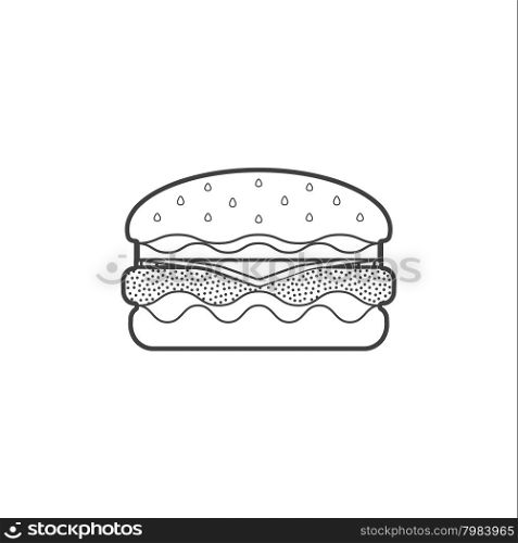 vector monochrome contour fast food hamburger with beef fresh lettuce onion tomato sesame seed cheese isolated black outline illustration on white background&#xA;