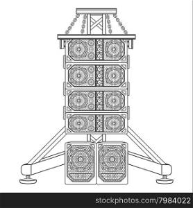 vector monochrome contour line array loudspeakers satellites suspended metal truss subwoofers isolated black outline illustration on white background&#xA;