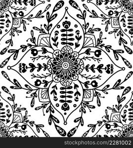 Vector monochrome floral pattern with folk ornament. Seamless texture with black rural contour flower composition on white background. Natural tiled ornament with outline naive petals and stems. Vector monochrome floral pattern with folk ornament. Seamless texture with black rural contour flower composition on white background.