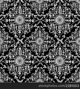Vector monochrome floral pattern with folk ornament. Seamless tiled texture with white rural contour flower composition on black background. Natural ornament with outline naive petals and stems. Vector monochrome floral pattern with folk ornament. Seamless tiled texture with white rural contour flower composition on black background.