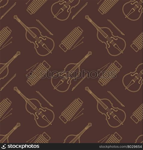 vector monochrome gold contrabass and xylophone decoration seamless pattern isolated brown background&#xA;