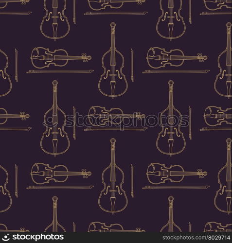 vector monochrome gold fiddle and contrabass decoration seamless pattern isolated dark background&#xA;