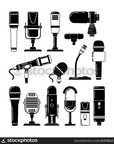 Vector monochrome illustrations of microphones and other professional tools for reporters. Microphone for studio or karaoke, mic and broadcasting. Vector monochrome illustrations of microphones and other professional tools for reporters