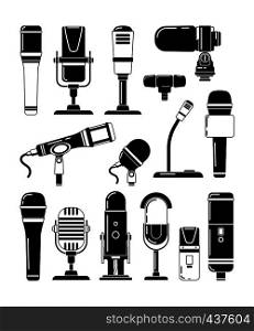 Vector monochrome illustrations of microphones and other professional tools for reporters. Microphone for studio or karaoke, mic and broadcasting. Vector monochrome illustrations of microphones and other professional tools for reporters