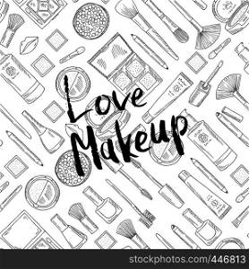 Vector monochrome pattern background with Love Makeup lettering ink illustration. Vector monochrome background with Love Makeup lettering