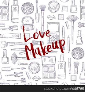 Vector monochrome pattern background with Love Makeup lettering ink ink illustration. Vector monochrome background with Love Makeup lettering
