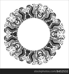 Vector monochrome round frame with vintage floral ornament and place for text. Luxury damask circle border. Baroque frieze with black and white flowers, foliage and curls and copy space. Vector monochrome round frame with vintage floral ornament and place for text. Luxury damask circle border. Baroque frieze