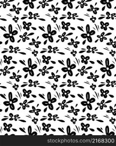 Vector monochrome seamless floral pattern with black small flowers and leaves on a white background. Natural ditsy wallpaper. Texture with floral silhouette for fabrics and wrapping paper